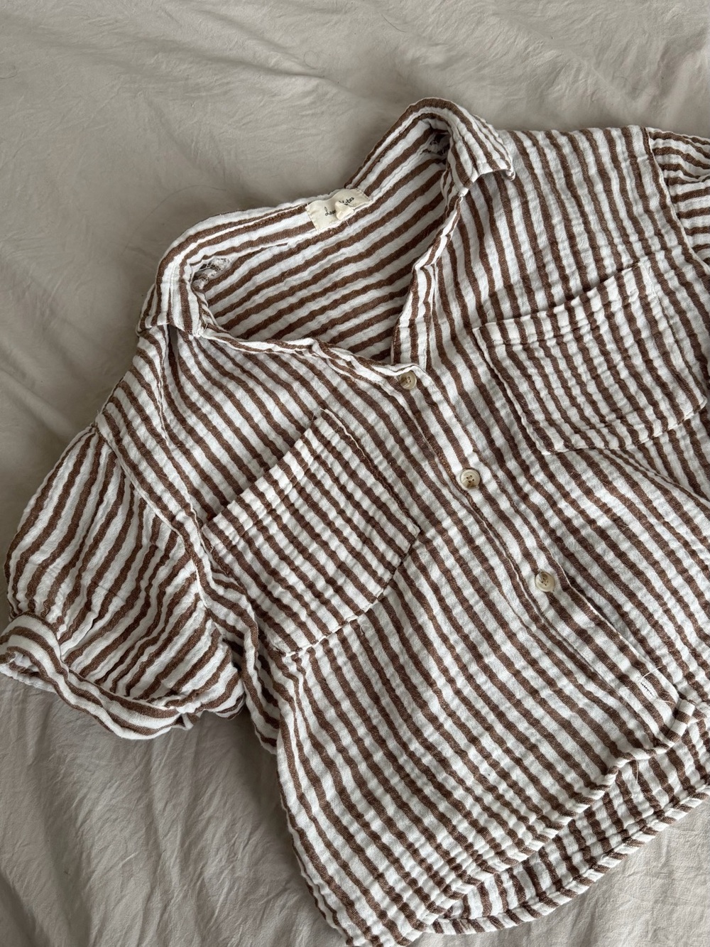 Love Notes Brown & White Striped Short Sleeve Button-Up Crop Top
